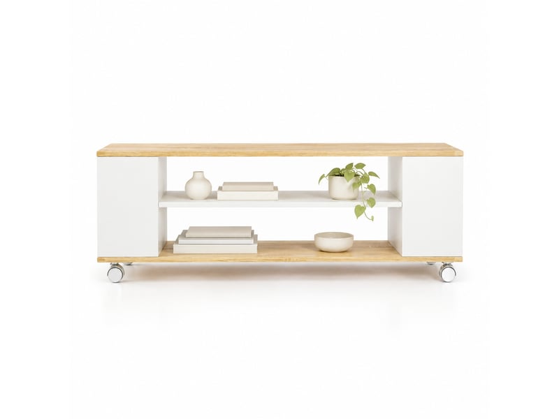  Meuble tv 120x40x38,5 cm à roulettes ou mural, blanc et coloris naturel  - Conforama A