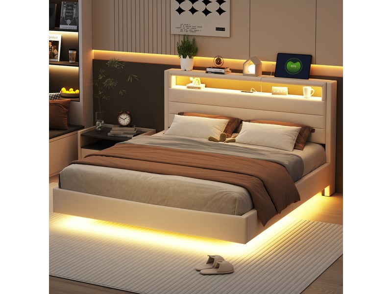 Lit double 160x200 cm, tête réversible avec rangement, ports usb, led multicolore en tête et pied, pieds dissimulés, sommier à lattes, lin, beige - Conforama C