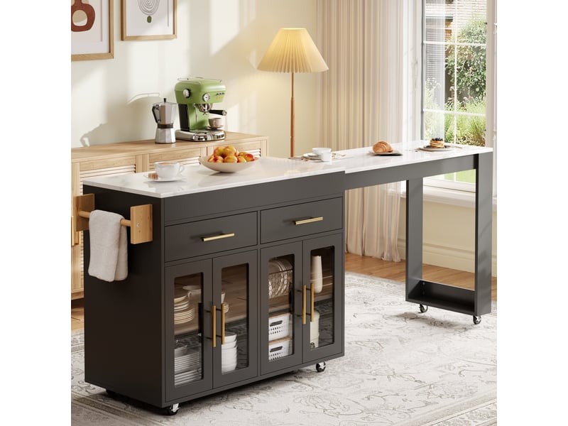 Desserte de cuisine mobile 132,5-217x50x93 cm, table bar extensible, roulettes, portes vitrées, tiroirs, rangement cuisine - noir - Conforama B