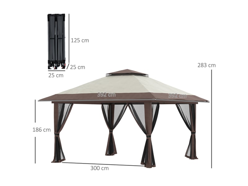  Pavillon pliant de jardin - 4x4 m - réglable en hauteur - protection uv50+ - rideaux en filet - toit double - beige 392x392x283cm - Conforama C