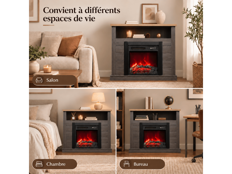  Homavo cheminée électrique 18 pouces grise avec meuble cheminée, 900 w1800 w avec 2 niveaux de chauffe, flammes 3d à 7 couleurs, télécommande + commandes sur panneau, minuterie 1–8 h, avec espace de rangement  - Conforama R