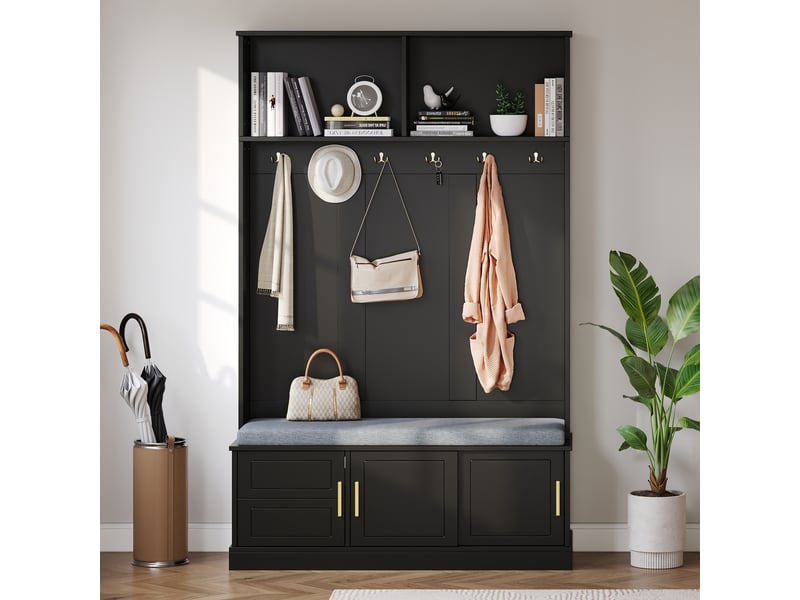  Porte-manteau, vestiaire, portant, avec banc à chaussures, crochets, noir-panneaux de particules RN Store - Conforama B