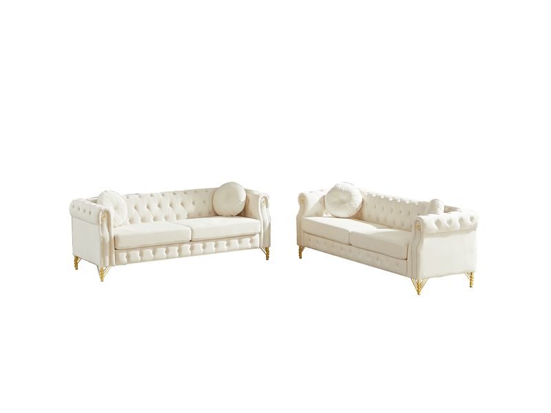  Canapé 3+3 places en velours beige avec pieds en métal doré  - Conforama D