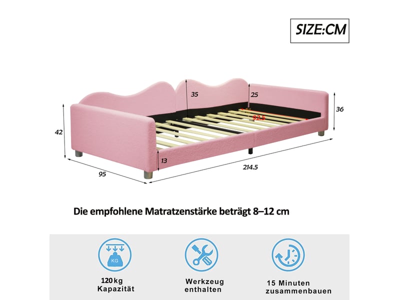Lit enfant convertible en canapé 90x200 cm en tissu teddy rose - Conforama E