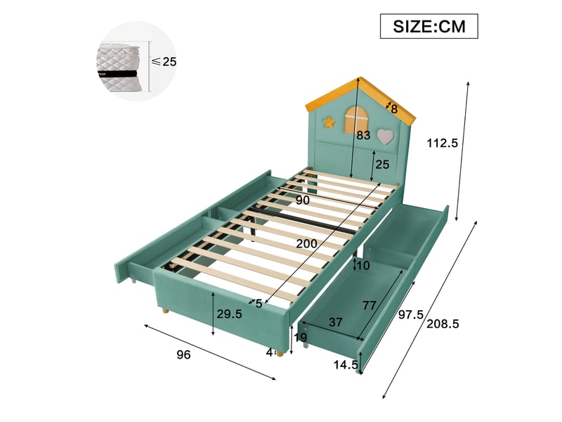  Lit enfant 90 × 200 cm 1 place avec 4 tiroirs, sans matelas, lit rembourré en velours bleu vert  - Conforama D