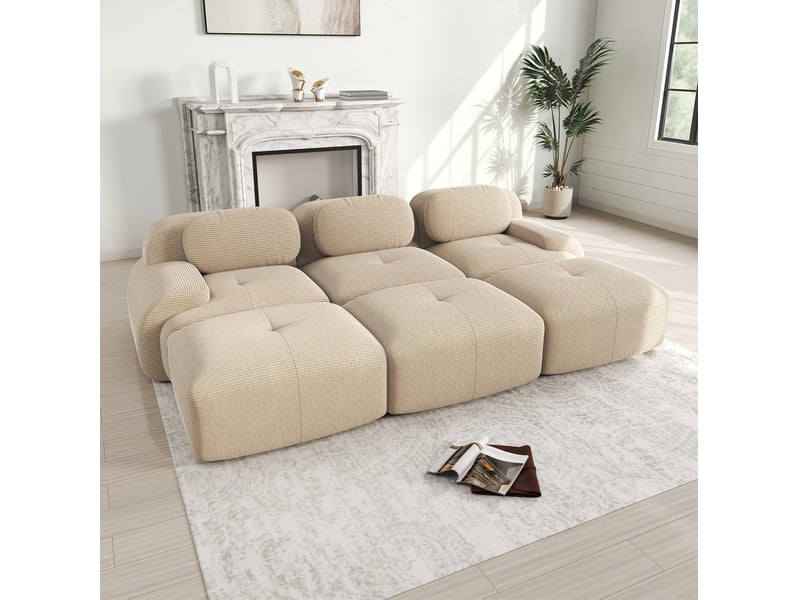  Canapé modulable 3 places ulevr avec 3 poufs, velours côtelé beige, mousse 32d, sans cadre, 298 x 178 x 70 cm  - Conforama E