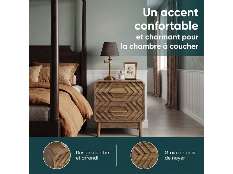  Table de chevet noyer avec 2 tiroirs et motif géométrique 3d, bords arrondis, 48x38x56 cm  - Conforama E