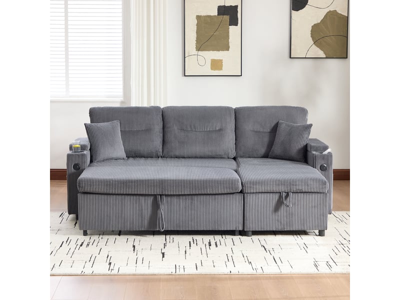 Canapé d'angle convertible 3 places – canapé-lit en velours côtelé avec méridienne coffre, tiroir-lit, porte-gobelets, usb type-c, rangement intégré – gris anthracite - Conforama E