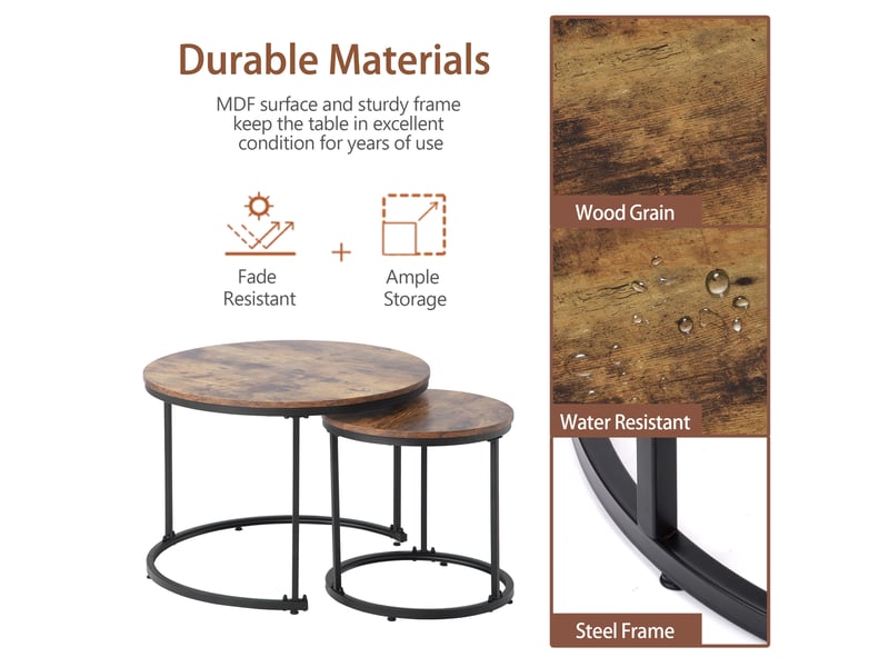 Tables basses gigognes rondes en mdf et métal pour salon, 2 tables 50×70,5 cm et 45,5×44 cm marron - Conforama C