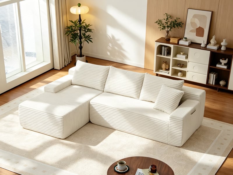  Canapé d’angle, modulaire en velours côtelé, bas luxueux, compact mousse, gauche, salonchambre, 79x239x156 cm, beige  - Conforama B
