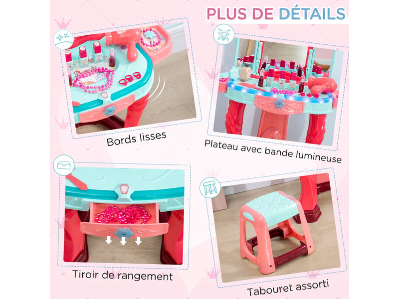  Coiffeuse enfant fille avec tabouret, miroir, lumière, musique, accessoires, 3-6 ans, 57x34x76cm, multicolore  - Conforama E