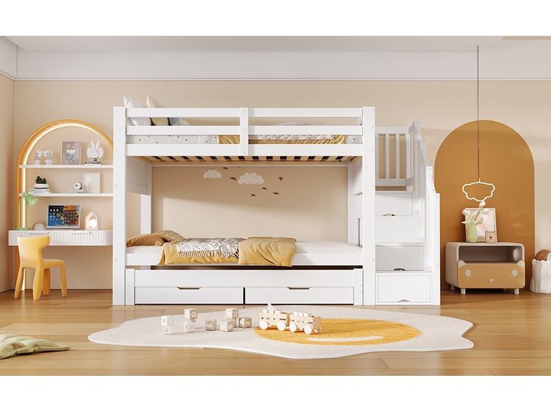  Lit superposé 90 × 200 cm, lit gigogne 90 × 190 cm, 2 tiroirs, escalier avec rangement et armoire, pin et mdf, blanc  - Conforama B