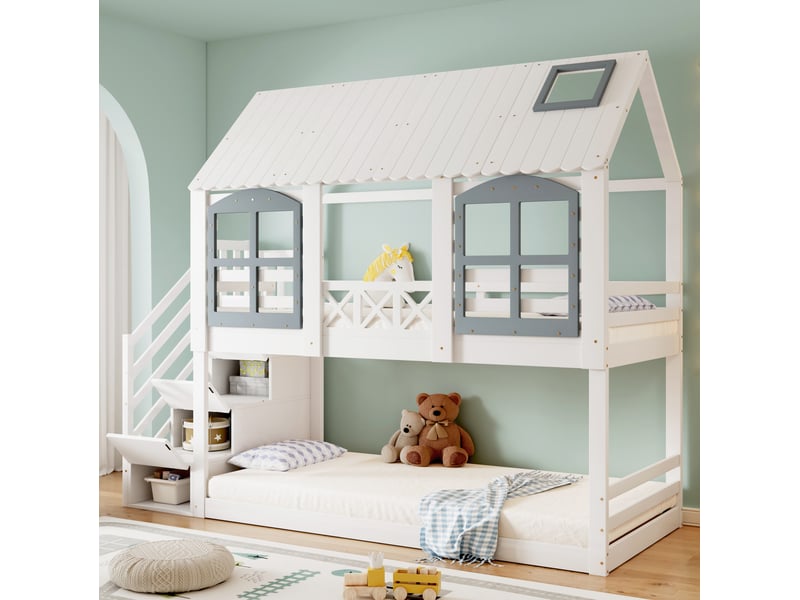  Lit superposé enfant 90x200 cm avec toit et escalier de rangement, blanc et gris  - Conforama C