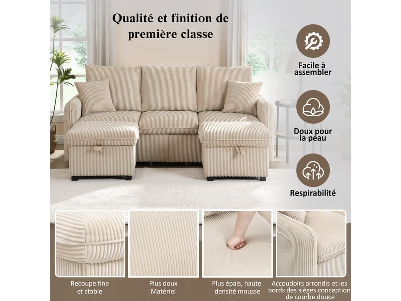 Canapé d'angle modulable 3 places en velours côtelé, 2 poufs à rangement, convertible en l ou en lit - Conforama R