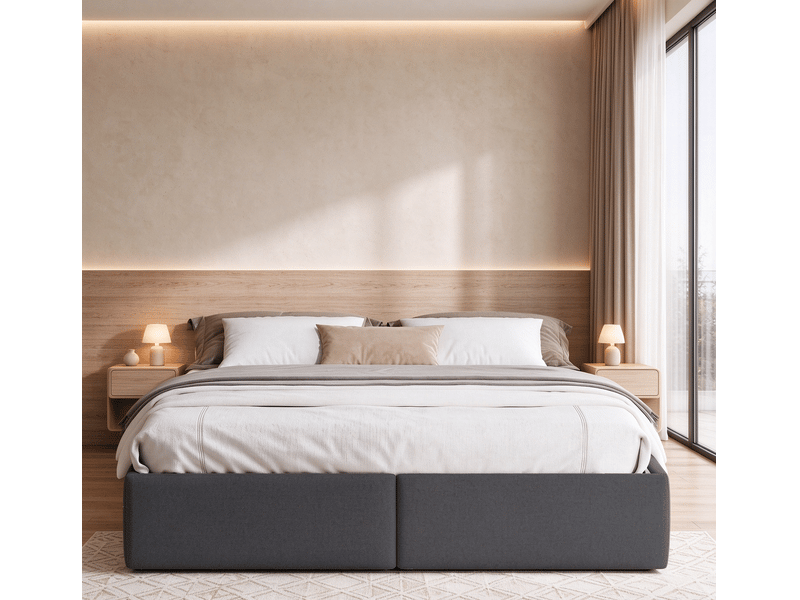 Lit 160 x 200 cm rembourré avec coffre de rangement et 2 tiroirs, lit double hydraulique sans tête de lit, revêtement en lin, gris, sans matelas - Conforama B