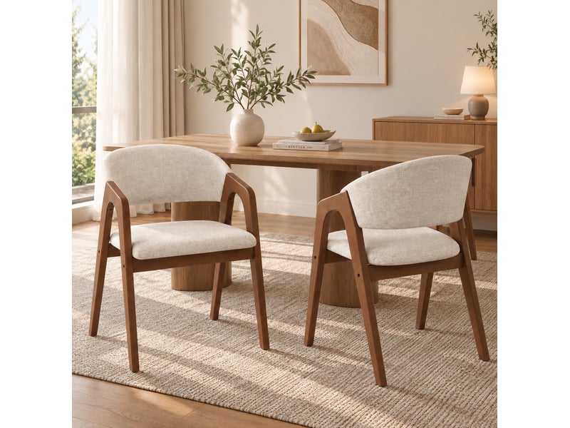  Lot de 4 chaises de salle à manger avec accoudoirs, bois et lin, noyer et beige  - Conforama D