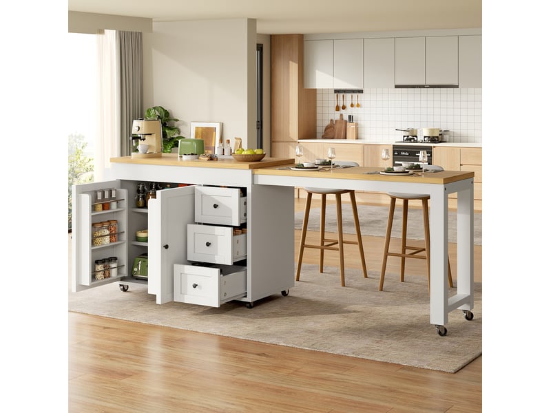 Îlot de cuisine mobile extensible 116–179,5 cm, 3 tiroirs, mdf et métal, blanc - Conforama D