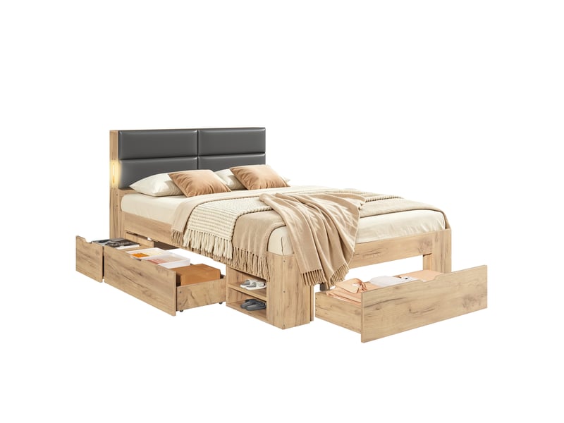 Lit enfant 140x200 cm coloris bois naturel tête de lit rembourrée  - Conforama A