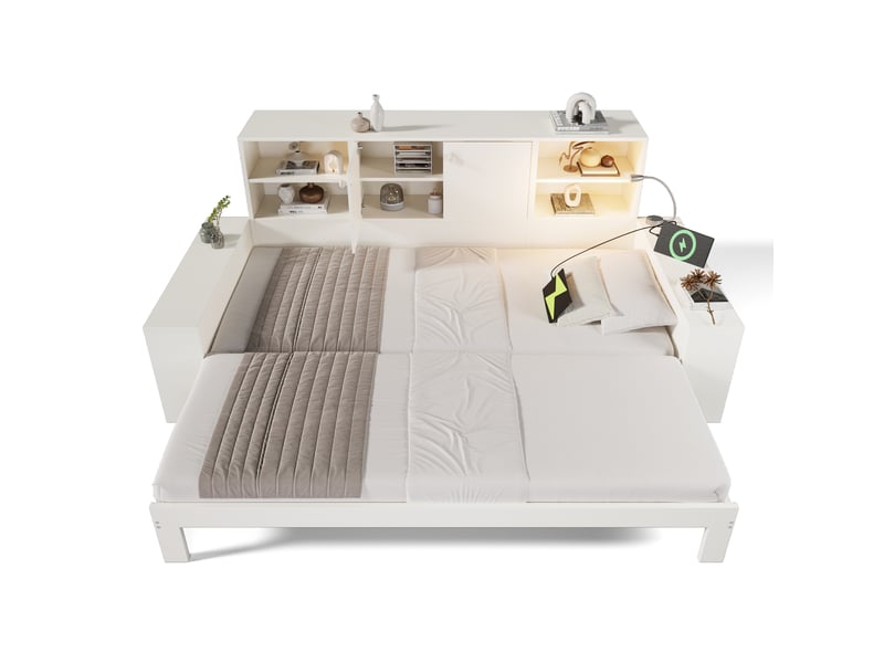  Lit coffre 90x200 cm, lit enfant, couchage d'appoint, coffre de rangement, couchage gigogne extensible, usb et usb-c, bois blanc  - Conforama W