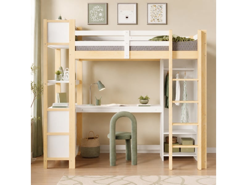  Lit mezzanine enfant 90x200 cm avec bureau, rangements et penderie naturel et blanc  - Conforama B