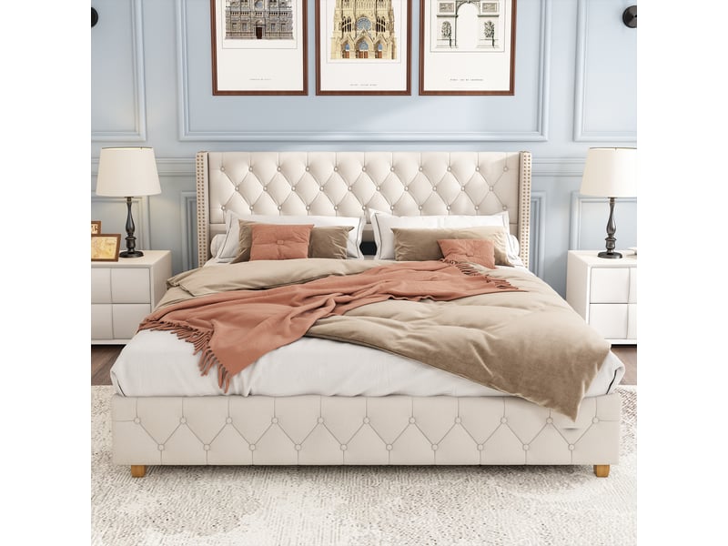  Lit enfant 140x190 cm, tête de lit, design capitonné à boutons, sommier, lin beige, sans matelas  - Conforama B