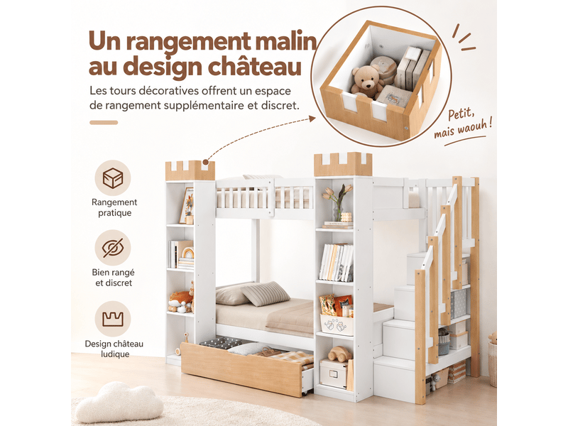 Lit superposé 90x200 cm, escalier de rangement et tiroir, en bois, blanc et naturel, sans matelas - Conforama D