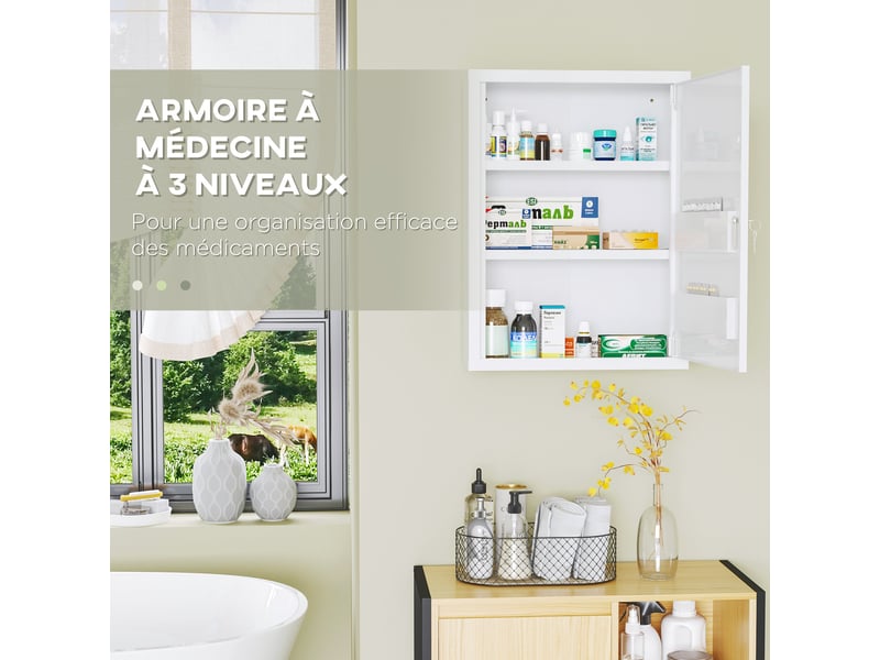  Armoire à pharmacie murale 40 x 15 x 53,5 cm verrouillable 2 clés gain de place moderne salle de bain en acier blanc 21_0001949  - Conforama D