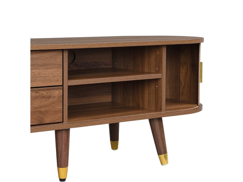 Meuble tv campagne, finition noyer, 2 tiroirs, 4 étagères ouvertes, 2 placard avec portes rotin, gestion des câbles, 175x38x45cm  - Conforama R