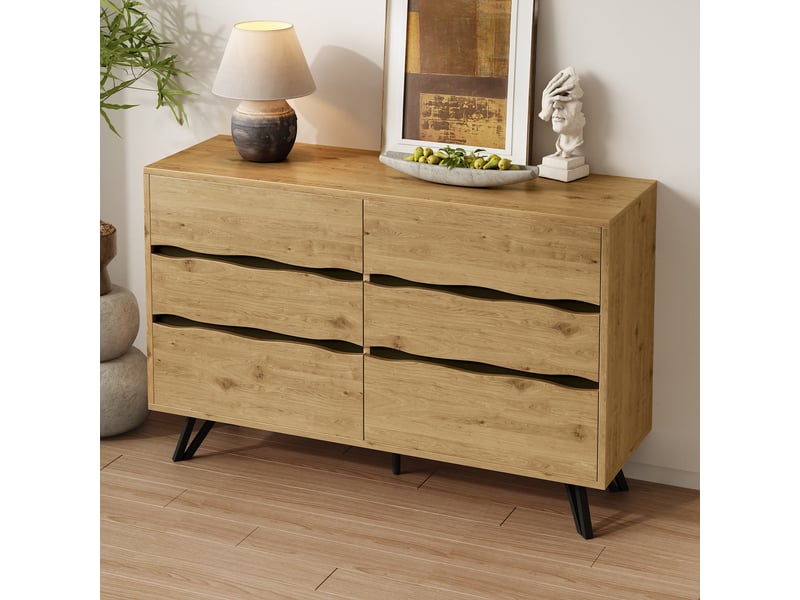  Buffet 120x40x75,5 cm avec 6 tiroirs, finition effet bois et pieds métalliques, grand espace de rangement  - Conforama C
