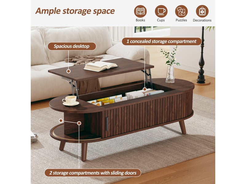 Table basse relevable 120 x 50 x 39,5 cm table d'appoint ovale salon avec rangement dissimulé portes coulissants, noyer - Conforama R