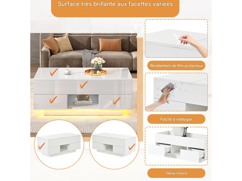  Table basse relevable en panneau de particules blanc brillant avec led 100x45x43 cm - pangivo  - Conforama D