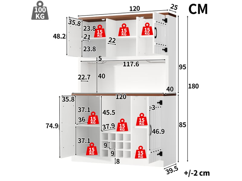  Buffet cuisine 4 portes, 120 x 40 x 178 cm, éclairage led et 2 tiroir, prises et ports usb, panneau perforé et range-bouteilles, mdf, noir Morn Vibe - Conforama C