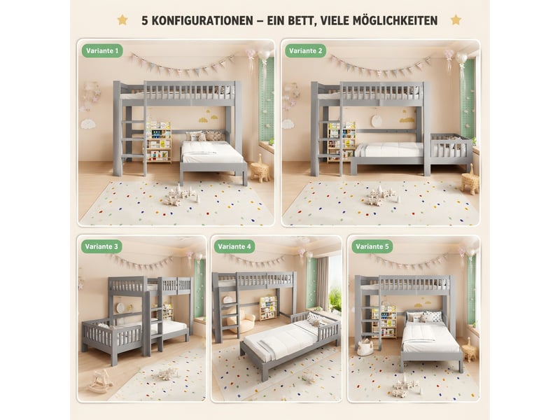  Lit superposé enfant 2 places 90×200 cm modulable, barrières et bords arrondis - okmyhome- gris, sans matelas  - Conforama E