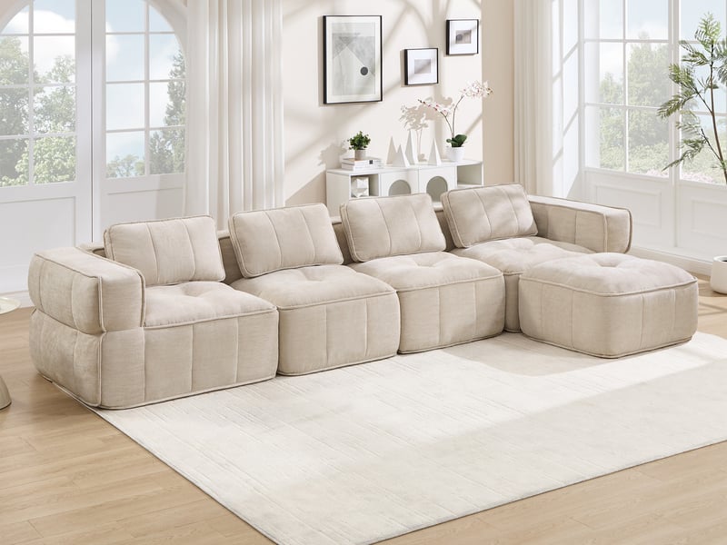  Canapé d'angle modulable 4 places en polyester, forme l avec pouf, beige  - Conforama B