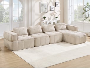 Canapé d'angle modulable 4 places en polyester, forme l avec pouf, beige