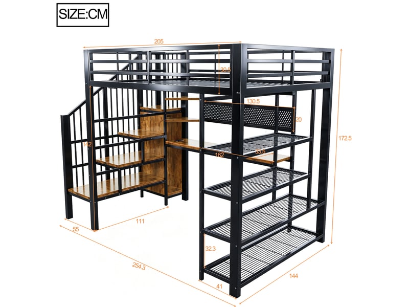 Lit mezzanine métal 140 x 200 cm noir avec long bureau, prise eu, grand panneau perforé, led, escalier rangement, étagères, chambre ado - Conforama E
