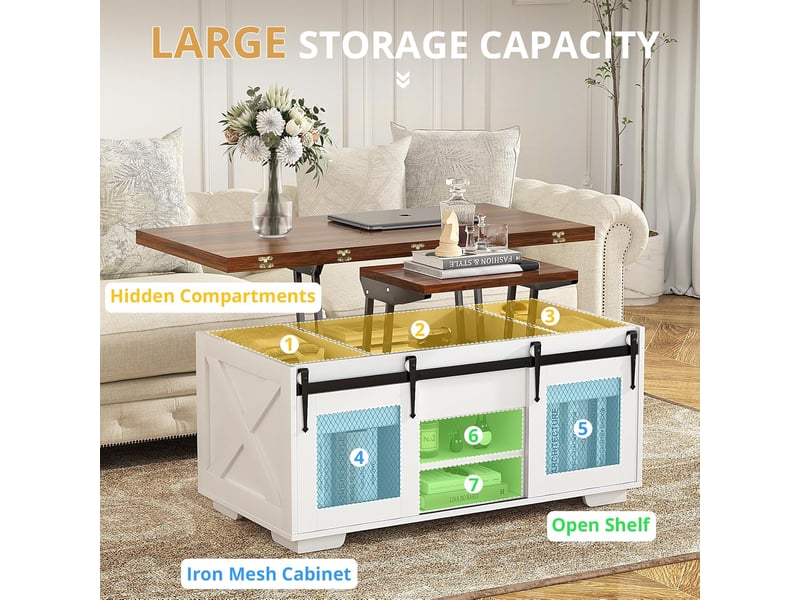  Table basse relevable, extensible et multifonctionnelle 3 en 1 avec rangement dissimulé - salle à manger, convertible, style campagnard, noyer  - Conforama D