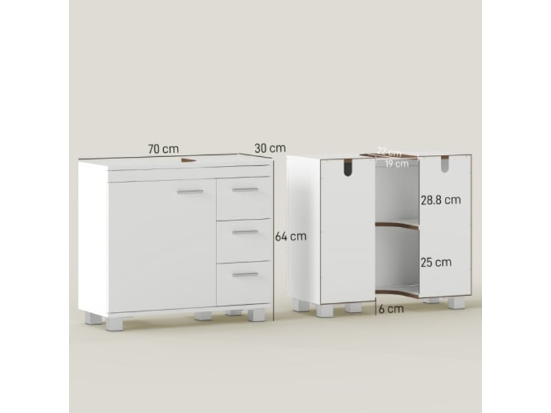 Meuble sous lavabo blanc avec 2 étagères et 3 tiroirs, structure en mdf, rangement salle de bains - Conforama C