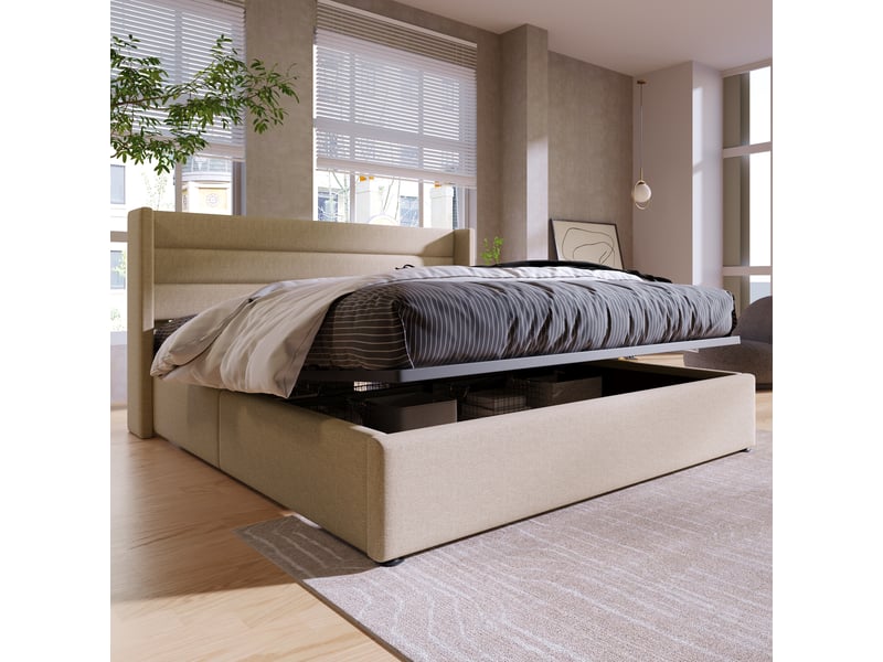 Lit coffre en lin avec sommier relevable hydraulique, beige, 140x200 cm - Conforama D