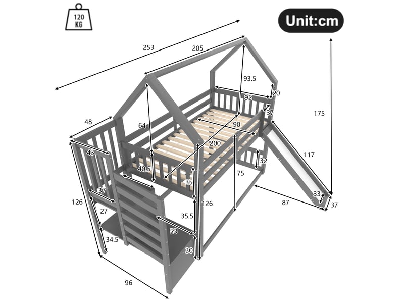  Lit superposé enfant 90 × 200 cm 1 place avec toboggan, escalier de rangement et barrières, sans matelas, gris  - Conforama D