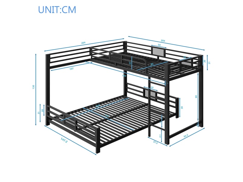 Lit superposé en métal 90x200 et 140x200, gain de place et sécurité, noir, sans matelas  - Conforama C