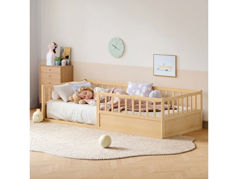 Lit enfant 90x200 cm en pin massif naturel avec barrière de sécurité et sommier style montessori - Conforama E