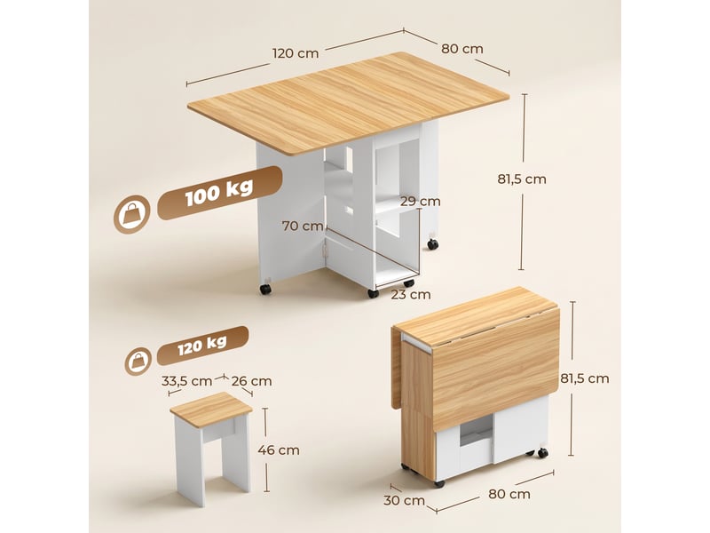 Ensemble table salle à manger pliante avec 4 chaises, table de cuisine avec chaises pour 4 personnes, roulettes, chêne - Conforama C