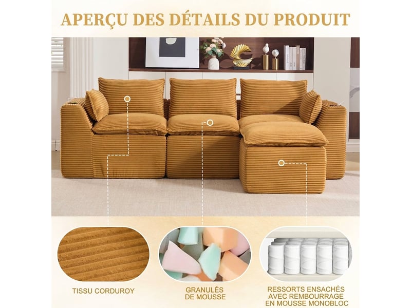  Canapé 3 places velours côtelé modulable avec pouf - orange - 256 cm - porte-gobelet et poches  - Conforama D