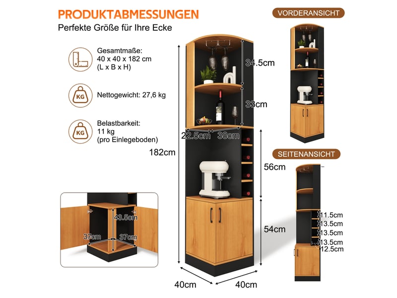  Buffet de cuisine 2 portes 40x40x182 cm - meuble d'angle avec porte-bouteilles, rangement pour verres et étagères - noir  - Conforama C