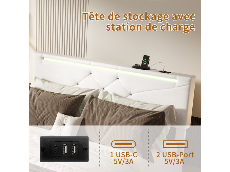 Kefsr lit coffre 140x190 cm avec sommier et led, lit adulte 2 places en tissu lin beige avec rangement, tête de lit réglable et prises usb - Conforama R