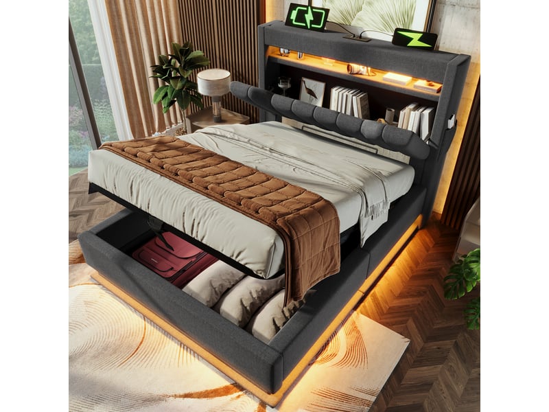  Lit coffre, lit simple 90x200 cm en lin avec 3 ports usb, type-c, led et rangements, matelas inclus, gris  - Conforama C