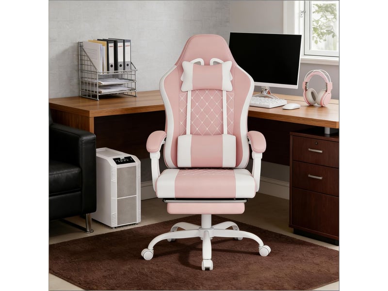  Chaise de bureau ergonomique 70 x 70 x 119,5-127 cm - gaming massage inclinable 145° avec repose-pieds retractable - tissu - blanc et rose  - Conforama D