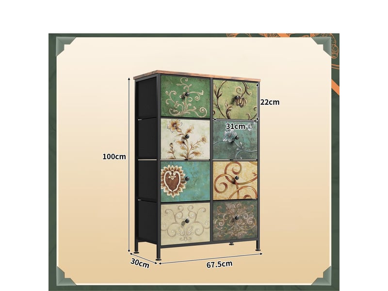  Commode de rangement, 100x67.5x30 cm, avec 8 tiroirs en tissu, cadre en métal et plateau en bois, style rétro, multicolore  - Conforama E
