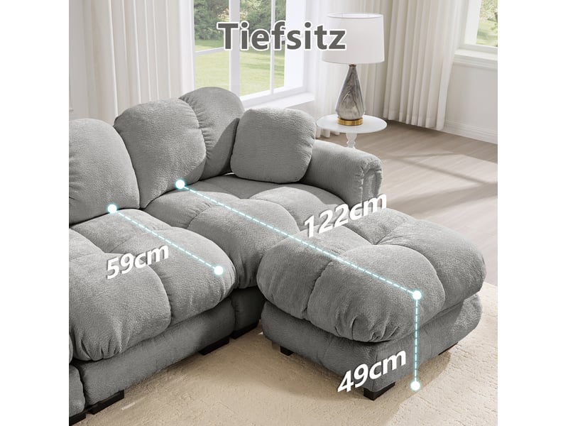 Canapé d'angle modulable 3 places modenvie avec ottomane mobile, tissu chenille gris clair, assises capitonnées, 260 x 149 x 90 cm - Conforama C